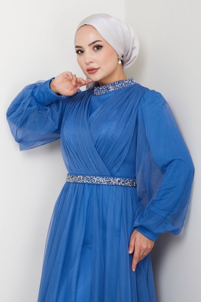 Yaka ve Bel Taş Detaylı Büyük Beden Tesettür Abiye Esna - İndigo